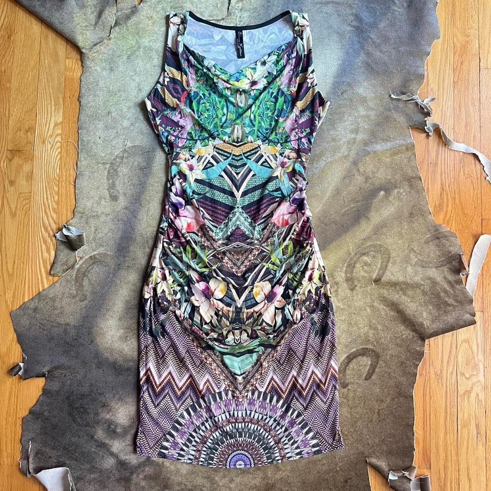 Y2k tropical floral print digital bodycon midi dress By Elana Kattan Size S